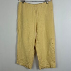 J Jill 100% Linen Ruffle Trim Wide Leg High Rise Cargo Pants Womens Large Yellow